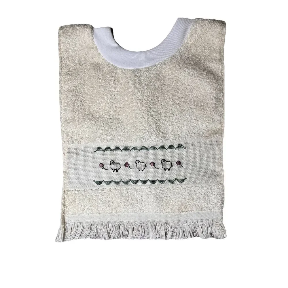 Vintage Handmade Baby Bib Sheep Cross Stitch Terry Cloth Fringe Nursery Decor